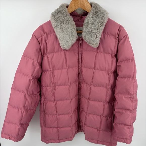 L.L. Bean women’s vintage pink quilted goose down puffer coat fur trim size XL